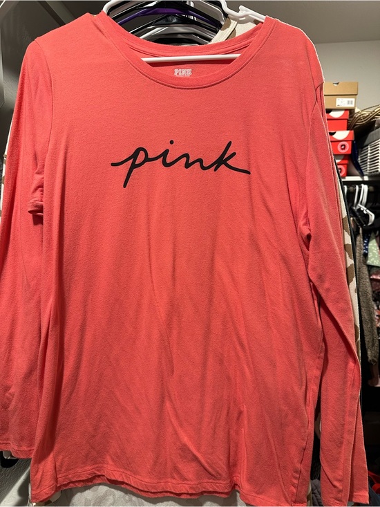 PINK Victoria's Secret Tops - PINK Victoria's Secret Coral Pink Long-Sleeve Crewneck Shirt with Script Logo